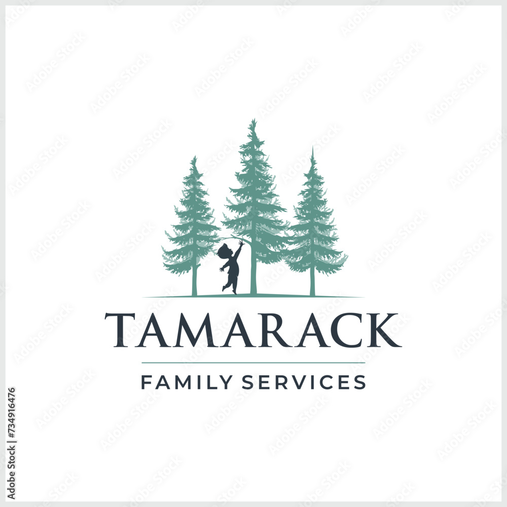 Three trees logo design. Vector illustration of pine forest and boy Three trees logo design. Vector illustration of pine forest and boy