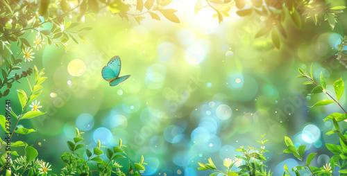 Summer season frame with blooming plants and flying butterflies on blurred abstract background