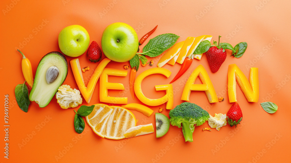 Vegan title text food lettering from fruits, isolated on orange juicy background with twith broccoli, apples, avocado, strawberries, oranges and mandarin around