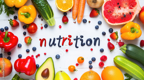Nutrion title text food lettering, on table with vegetables, berries and fruits, pepper, avocado and cucumber, apples, strawberries, oranges and mandarin, carrot photo