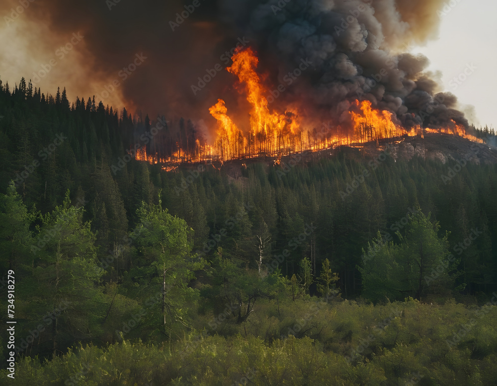 Trees burning during a forest fire 