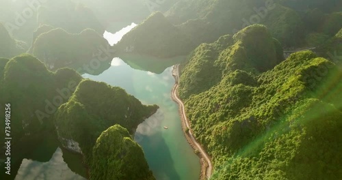 Asien, Southeast Asia, Vietnam, Northern, Son Mountains, Karst Mountains On Island, Halong Bay, Aerial view of mountains in fog at sunrise, aerial landscape in phong nam valley, scenery landscape photo