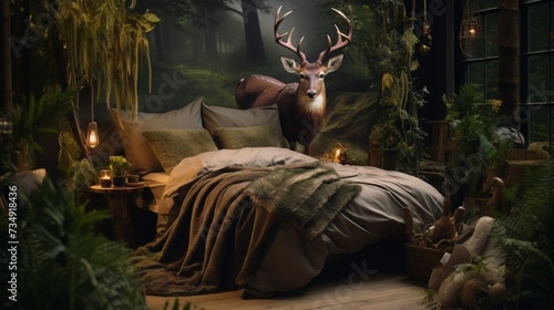 Bedroom With Deer Head on Wall