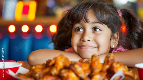 Happy preteen girl enjoying chicken wings in restaurant with blurred background and text space