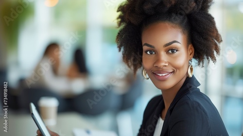 Professional African American businesswoman looking camera and tablet sitting in co-working space modern cafe, portrait female stock investor happy remote working, confident Insurance sales agent