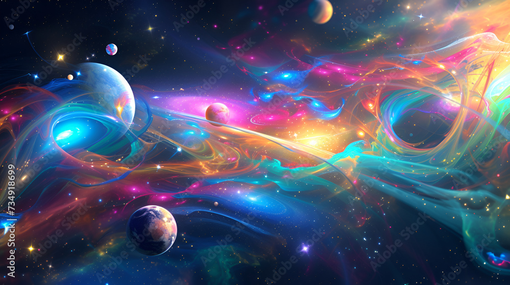 Abstract space background with planets and stars in holographic bright colors
