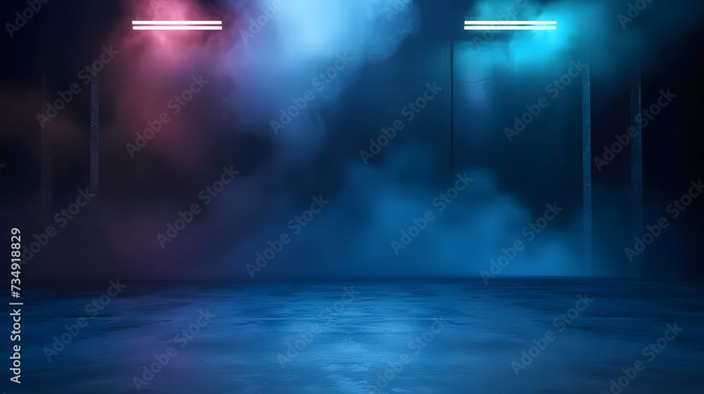 A dark empty street, dark blue background, an empty dark scene, neon light, spotlights The asphalt floor and studio room with smoke float up the interior texture. night view Generative AI