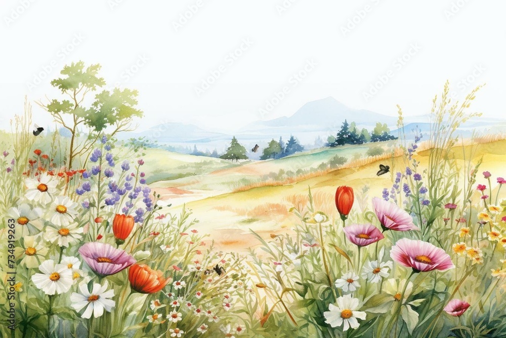 Vintage watercolor illustration of wild flower meadow in summer with panoramic border. Generative AI