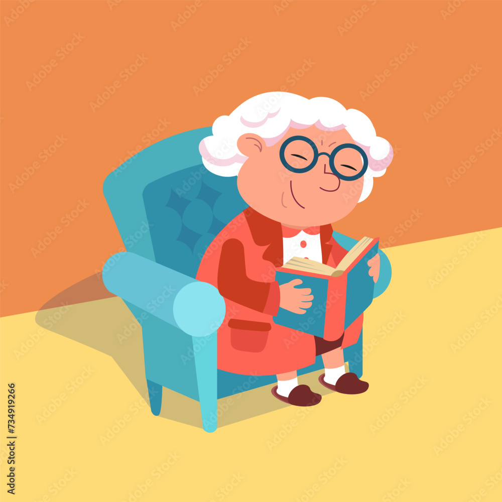 Cute cartoon grandma with book in chair reading. Vector isolated illustration on white background. Cute cartoon grandma with book in chair reading. Vector isolated illustration on white background.