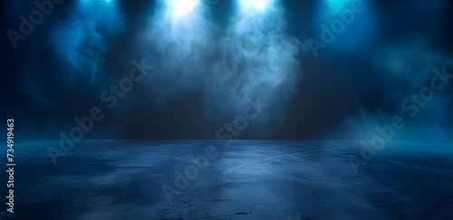 A dark empty street, dark blue background, an empty dark scene, neon light, spotlights The asphalt floor and studio room with smoke float up the interior texture. night view Generative AI