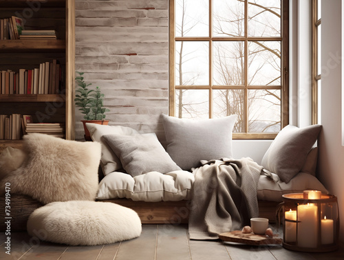 a cozy reading corner with pillows and blankets