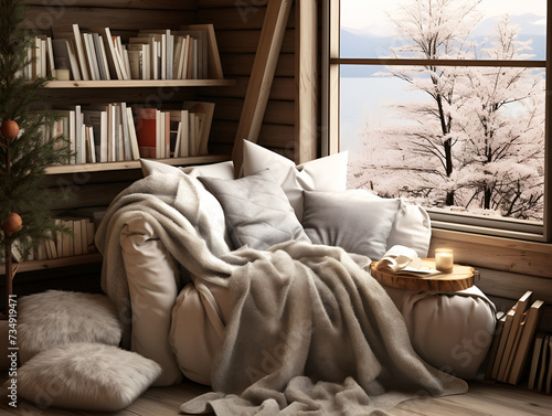 a cozy reading corner with pillows and blankets