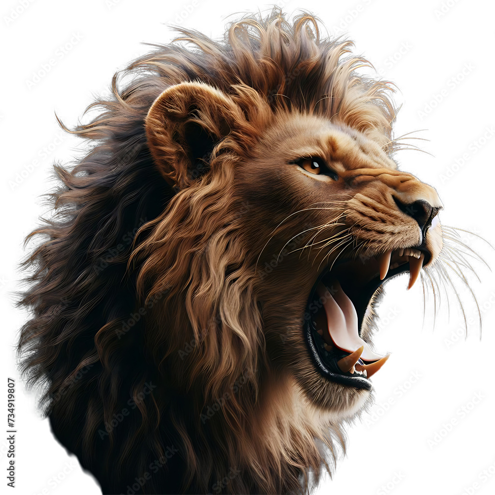 Fototapeta premium Lion is roaring in the right direction, isolated on transparent background.
