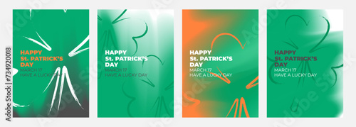 Happy St. Patrick's Day celebration set. Blurred backgrounds with shamrock symbol for Patrick's Day holiday greetings and invitations. Ireland's national holiday. Vector illustration.