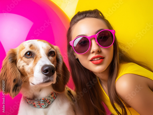  girl and a puppy try on bright sunglasses © Iryna