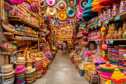 A colorful traditional crafts market with a variety of handmade hats, textiles, and cultural souvenirs for sale.