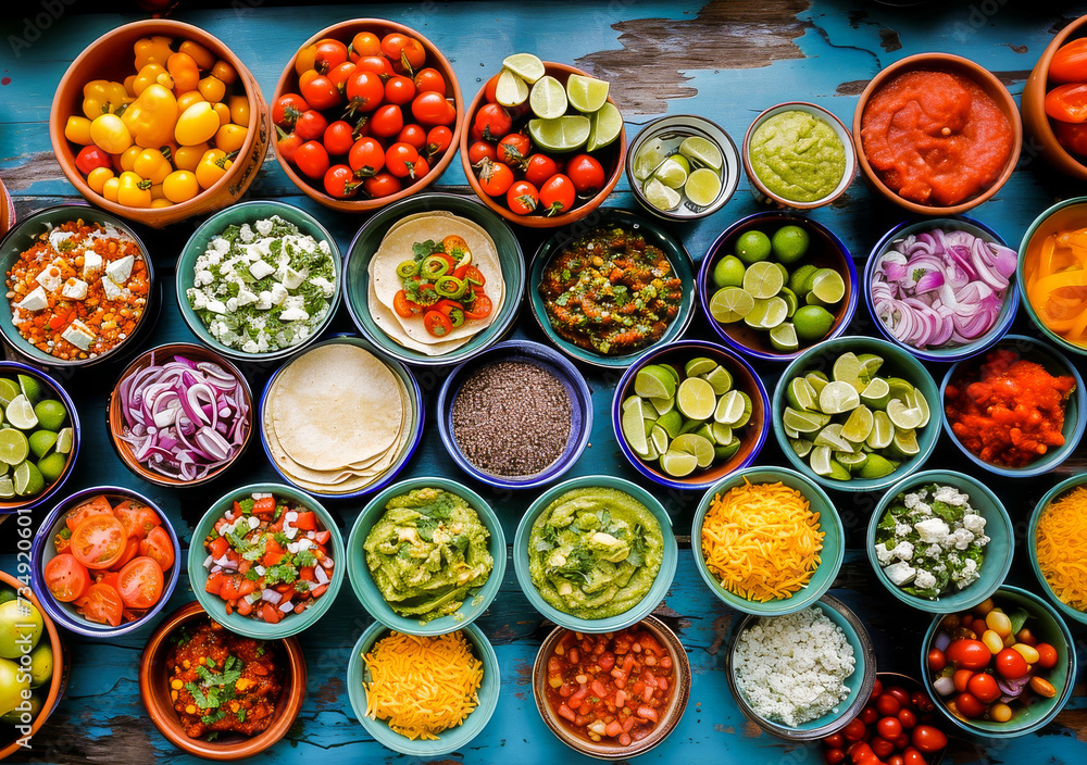 A colorful array of Mexican food ingredients and dishes, perfect for food enthusiasts and culinary backgrounds. A colorful array of Mexican food ingredients and dishes, perfect for food enthusiasts and culinary backgrounds.