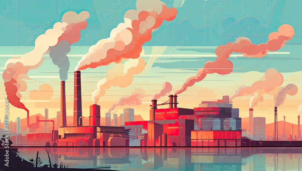 An illustration depicting factory buildings with smoke coming out of the chimneys, representing industrial pollution - obrazy, fototapety, plakaty 