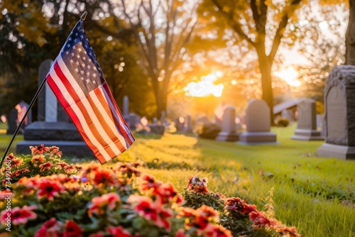 An American flag waves gently at sunset in a peaceful cemetery, honoring fallen heroes and symbolizing national remembrance.