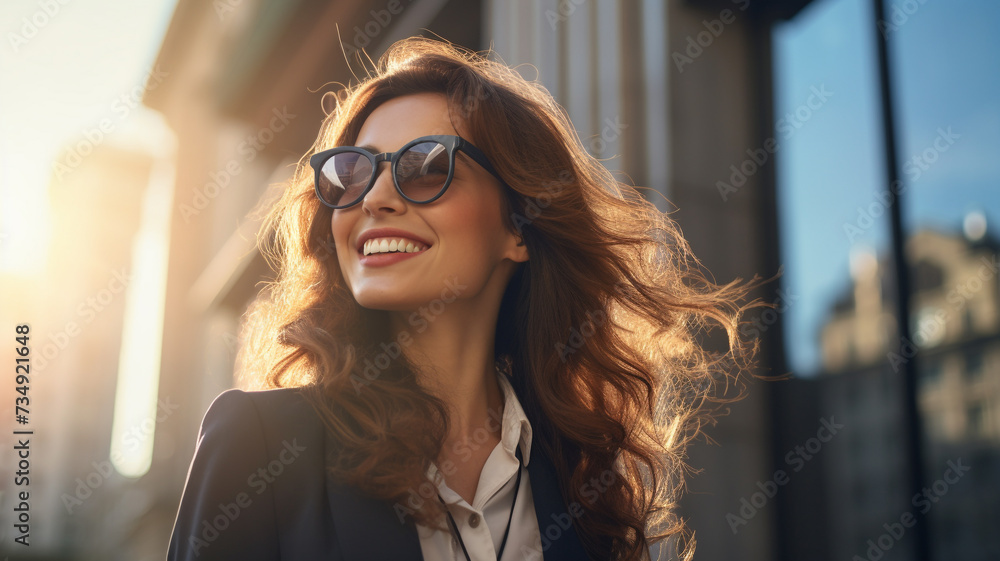 Happy business woman in city at sunrise Happy business woman in city at sunrise