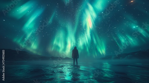 Back view of unrecognizable traveler admiring polar lights in a cave during iceland trip