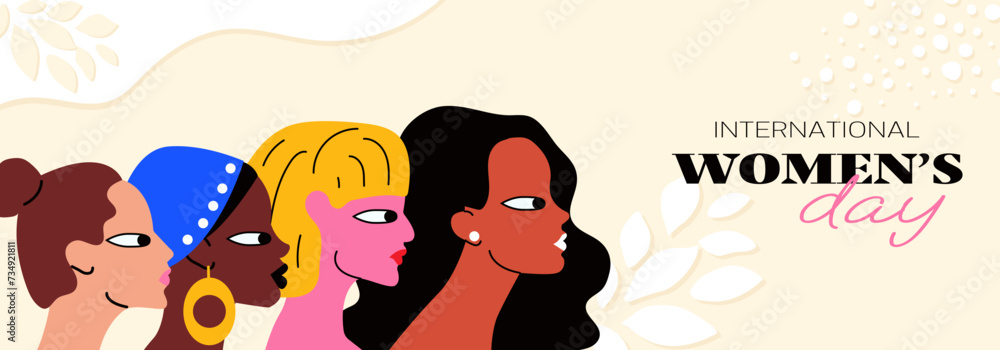 Obraz premium International Women's Day banner with group of diverse female characters. March 8 greeting card, poster, background design. Flat vector illustration