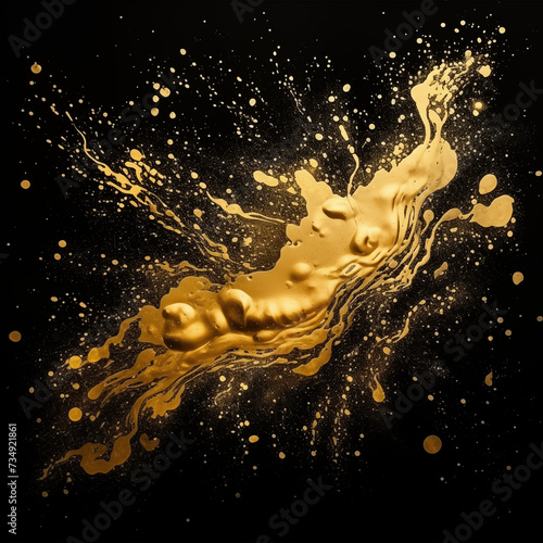 Illustration of gold glitter paint dripping from the top of the image on a pure black background, gold paint splatter, unusual background.