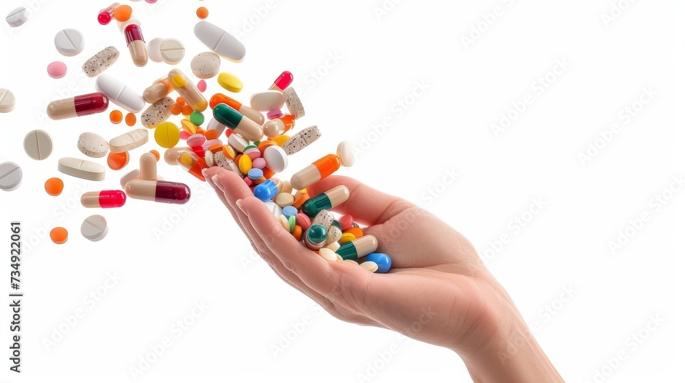 Levitating woman s hand with spilling pills and capsules on white background, with space for text. Levitating woman s hand with spilling pills and capsules on white background, with space for text.