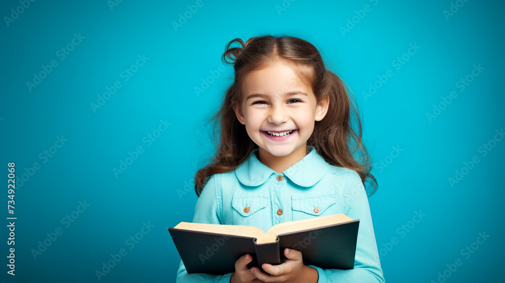 little girl smiling with book on blue background back to school concept little girl smiling with book on blue background back to school concept