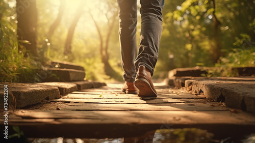 man is walking on small wood bridge to nature walk way