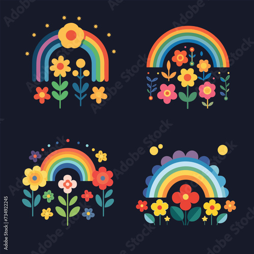 Set of a simple various flowers and rainbow vector illustration flat design