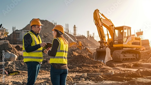 Female Inspector Talking to Male Land Development Manager On Construction Site Of Real Estate Project