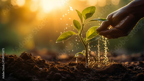 Planting trees growth tree and hand watering in nature background with sunrise