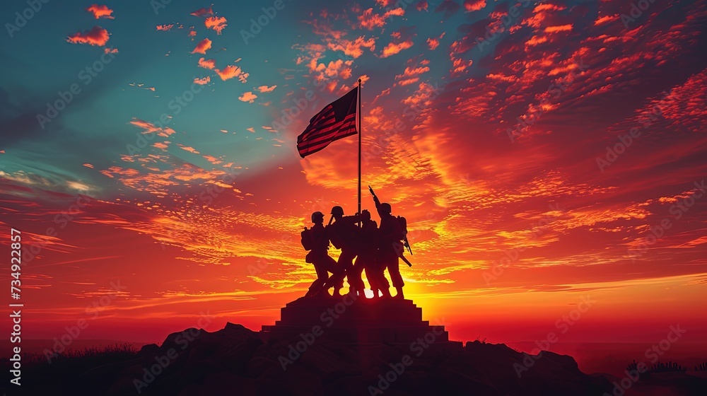 Silhouettes of soldiers raising a flag on a hill, against a dramatic sunset, evoke the iconic Iwo Jima scene representing sacrifice and victory. - obrazy, fototapety, plakaty 