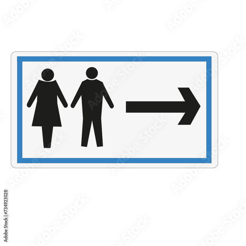 Panneau rectangulaire sur fond blanc avec bordure bleue indiquant des toilettes	