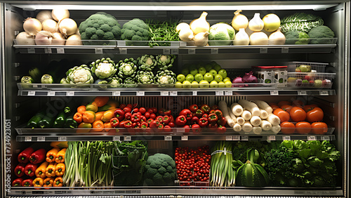 A variety of fresh vegetables, herbs and fruits are arranged in the supermarket's vegetable freezer. photo