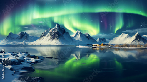 Aurora borealis over the sea snowy mountains.