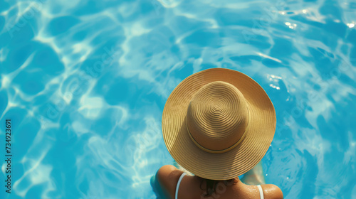 Top view of a anonymous woman with straw hat in a swimming pool. Generative AI.