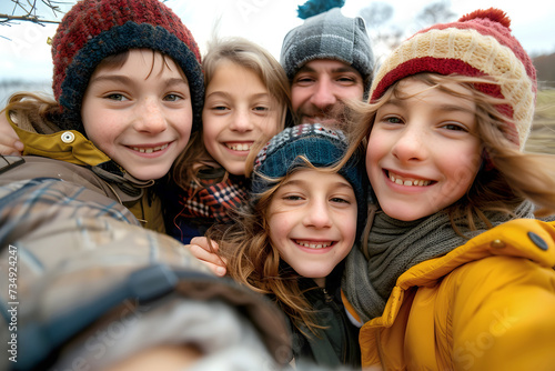Man with his four children taking a selfie in nature, all of them wearing wool hats