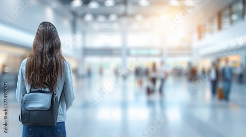 Business executives exploring exhibition with copy space, blurred background for text placement