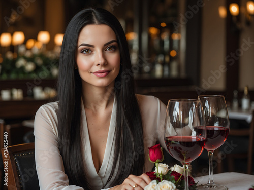 Beautiful girl sitting in restaurant with glass of wine and roses