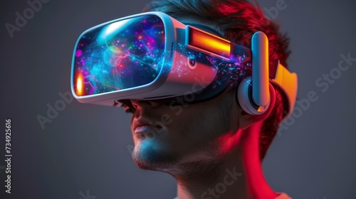 Young man using virtual reality headset. Drawing of a young man using a virtual reality headset. Virtual reality, futuristic, gadgets, technology, online education, studying, video game concept.