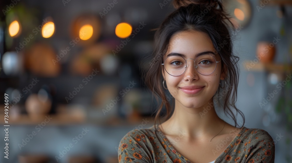 The image shows a smiling Indian woman wearing glasses holding a laptop computer on a grey studio background. She is looking at the device with the camera stand. - obrazy, fototapety, plakaty 