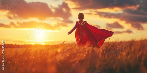 Child Dressed As Superhero Runs Through Field At Sunset