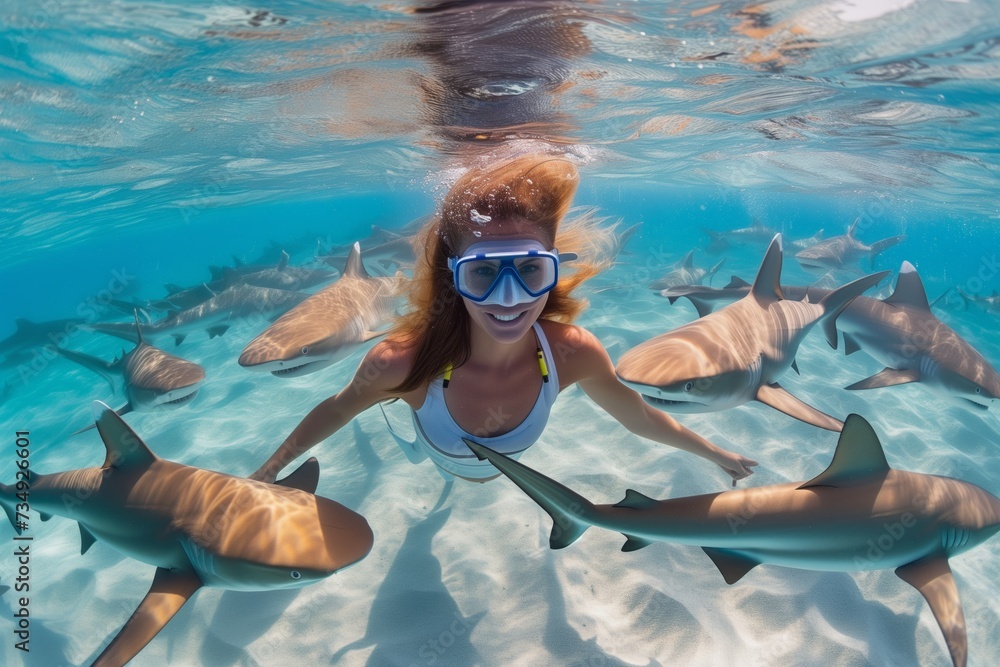 Adventurous Woman Embraces Nature's Wonders, Frolicking Fearlessly With Sharks