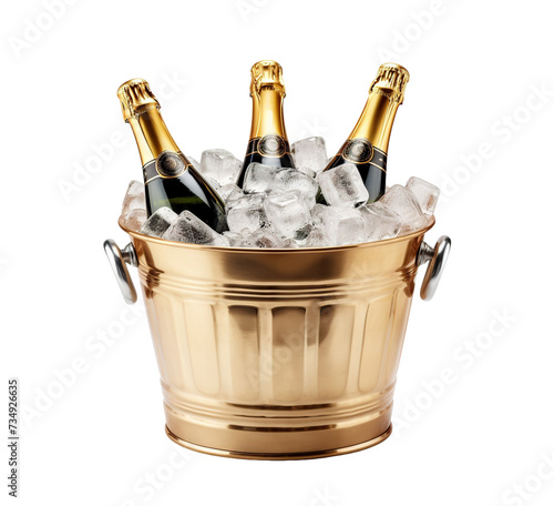 Two champagne bottles chilled in an ice bucket, cut out