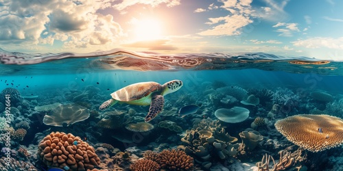 Green Turtle Swimming Gracefully Amidst The Vibrant Beauty Of The Great Barrier Reef