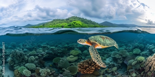 Serenity In Motion: Green Turtle Gliding Through The Magnificent Great Barrier Reef photo