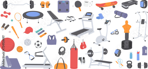 set of sports items, everything for sports, exercise equipment, rackets, dumbbells in a flat style on a white background vector