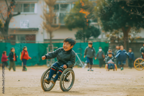 Student With Disabilities In Uniform Happily Playing With Classmates In The School Yard photo